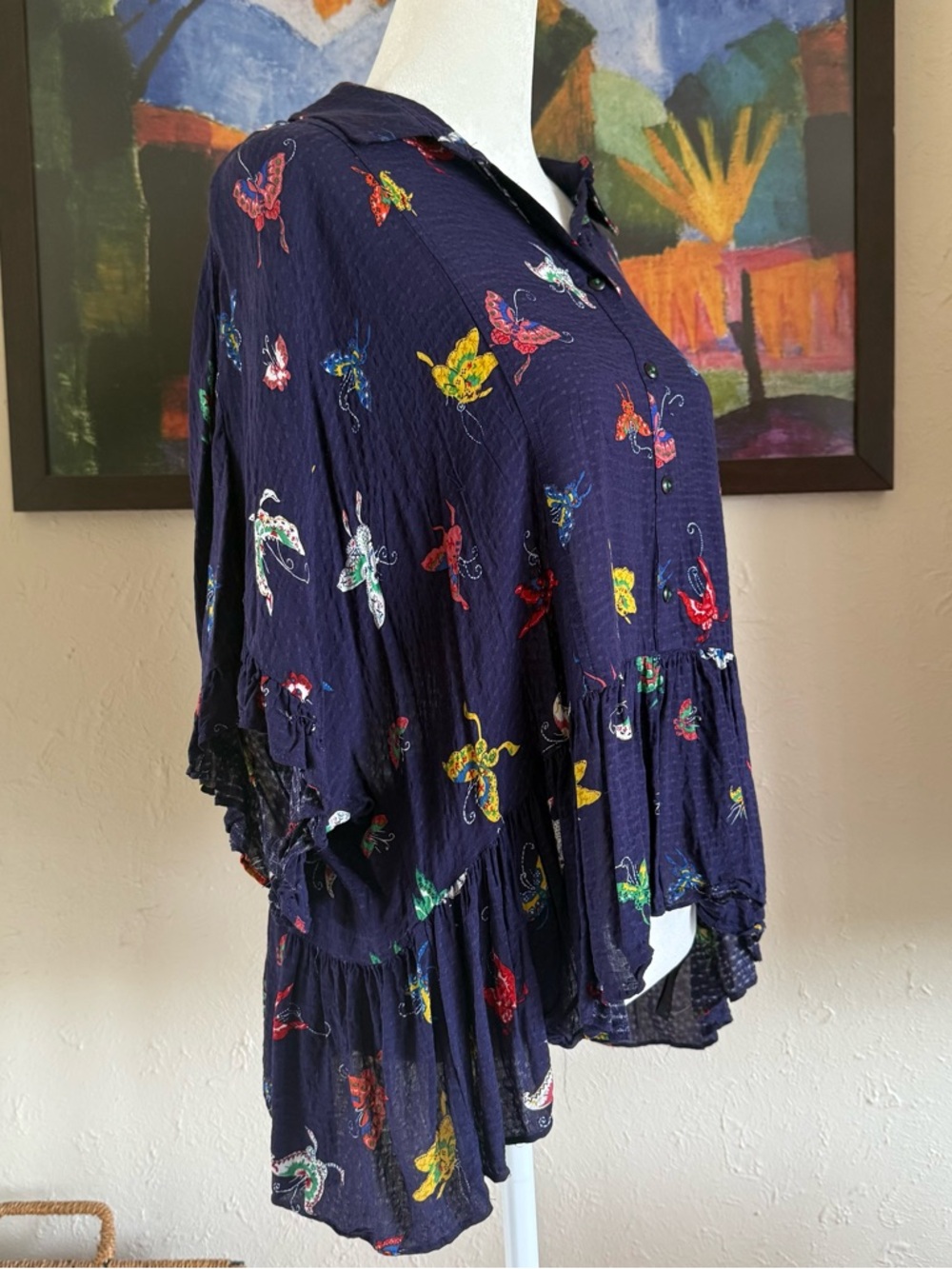 Anthropologie Maeve Navy Butterfly Print Button-down Peplum Blouse - Picture 4 of 9